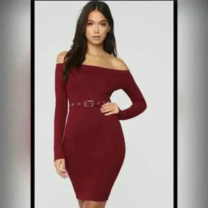 Fashion Nova Red Mini Dress With Belt Off Shoulder Size Small Bodycon NWT